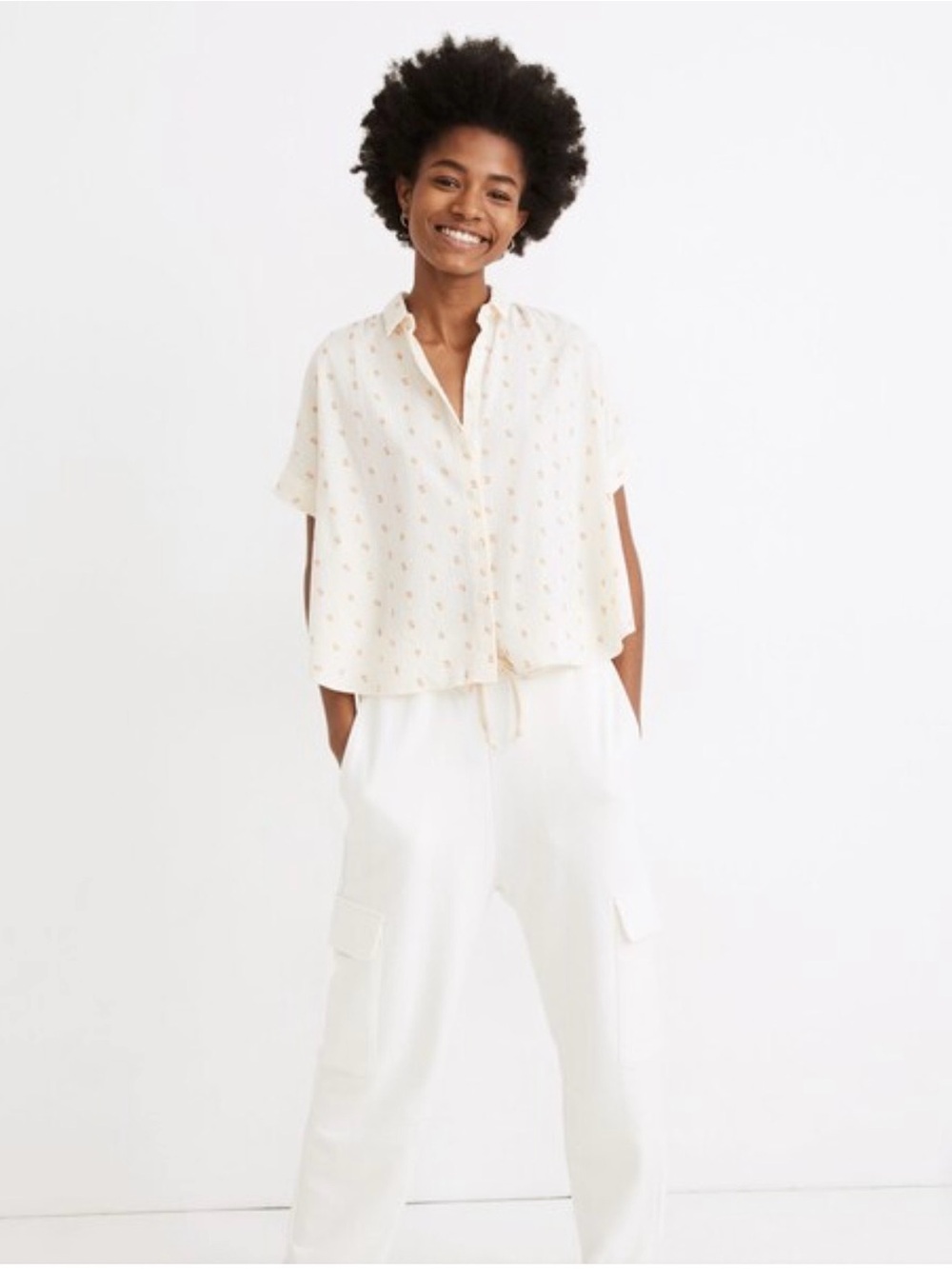 Madewell NWT Hilltop Relaxed Cropped Blouse Mini Orange Print Cream Button SZ XL